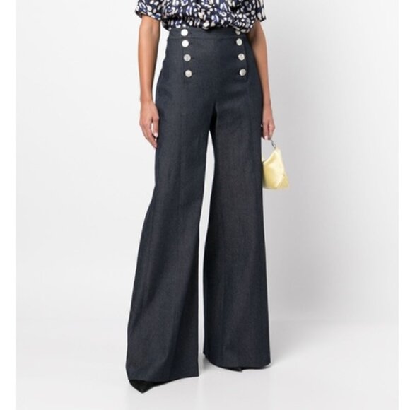 NEW NWOT! ADAM LIPPES INDIGO DENIM WIDE LEG SAILOR PANTS PEARL BUTTON HI RISE 10 - Picture 1 of 8